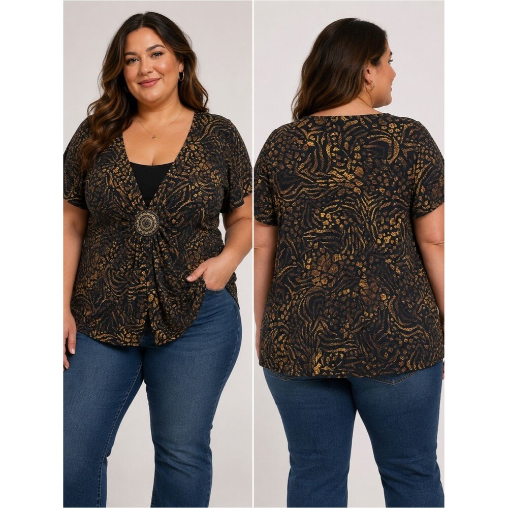 Choices Woman Plus Size 2X Animal Print Leopard Slinky Blouse Top Medallion